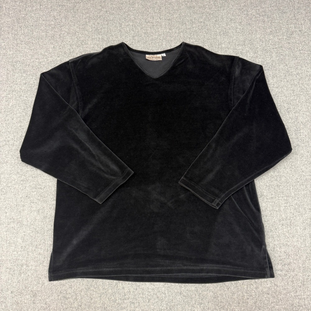 Mix Studio | Velour V-Neck Long Sleeve Top | L | Black | Made in USA Soft Casual
